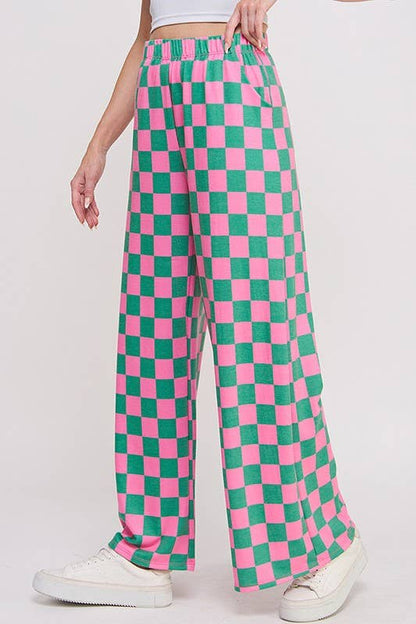 JADE BY JANE - HIGH WAIST CHECKERED STRAIGHT LEG KNIT PANTS: PINK/BROWN / XL