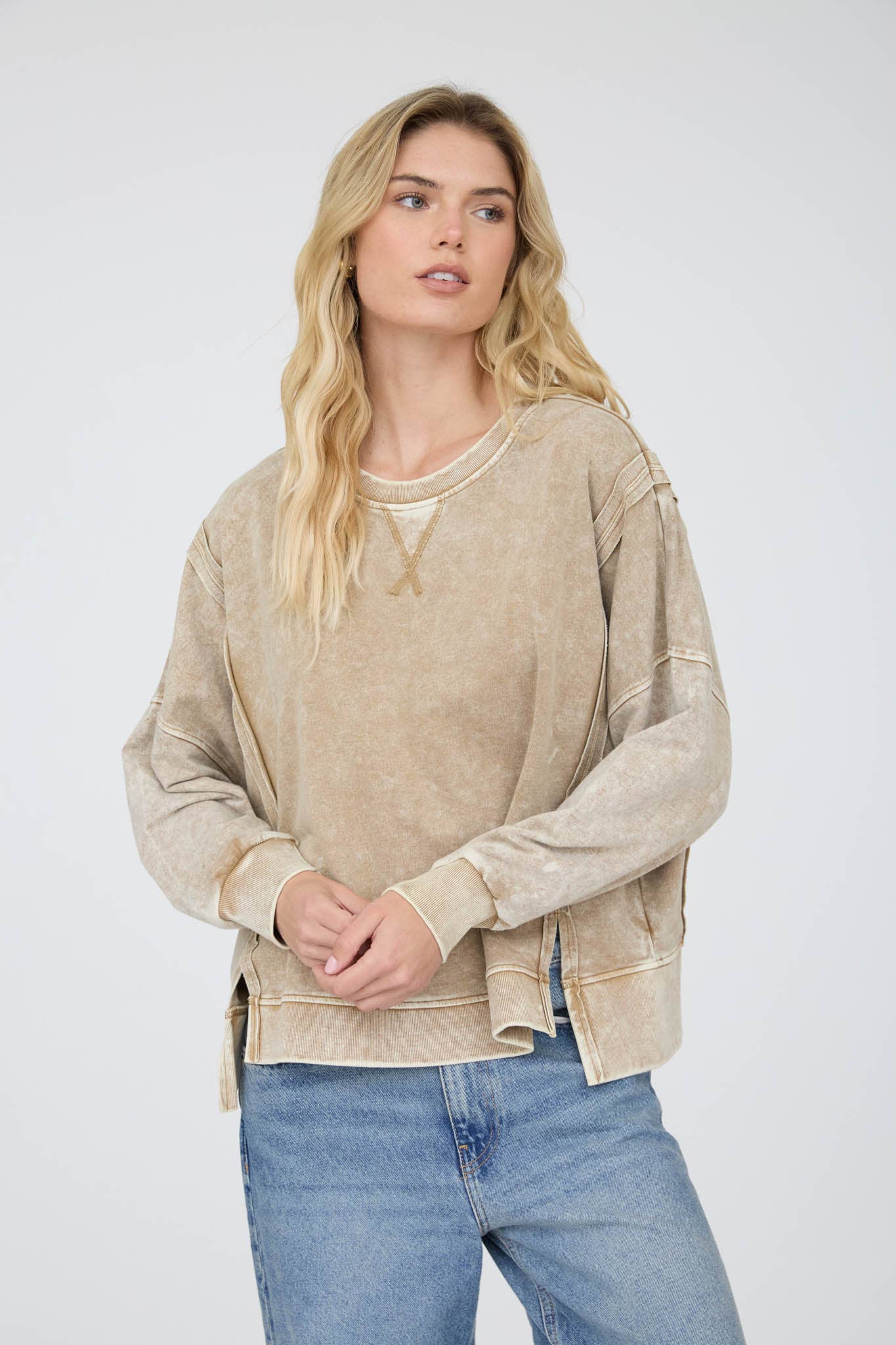 Blu Pepper - ACID WASH LONG SLEEVE SIDE SLIT KNIT TOP: INDIGO BLUE