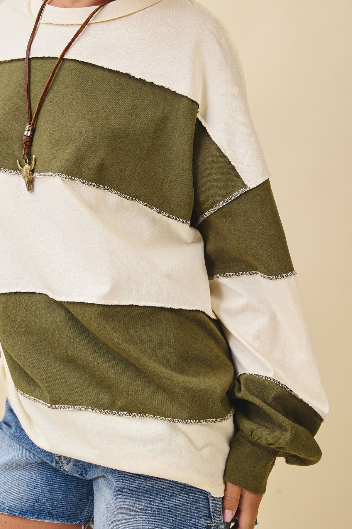 AEMI + CO - 8551GN Oversized Color Block Long Sleeve Pullover: Terracotta Butter / Contemporary / S