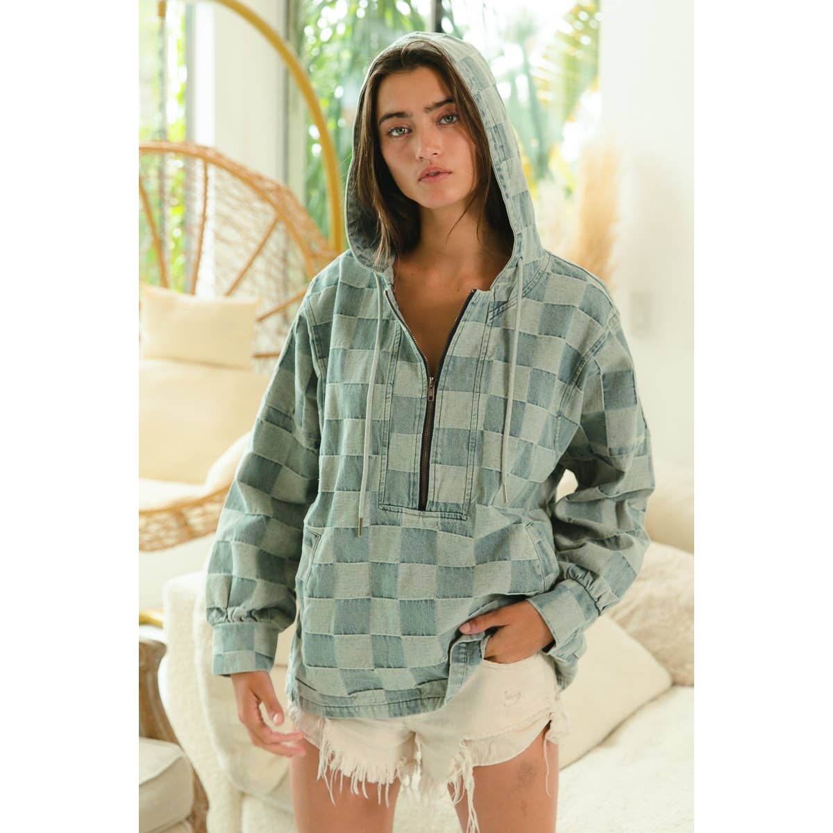 WASHED CHECKER DENIM HALF ZIP UP HOODIE