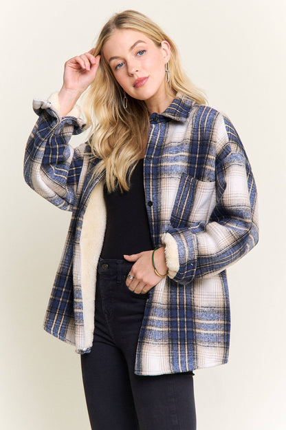 ADORA LA - CEJ4140-PLAID SHERPA-LINED BUTTON DOWN SHACKET: Navy / S-M-L(2-2-2)
