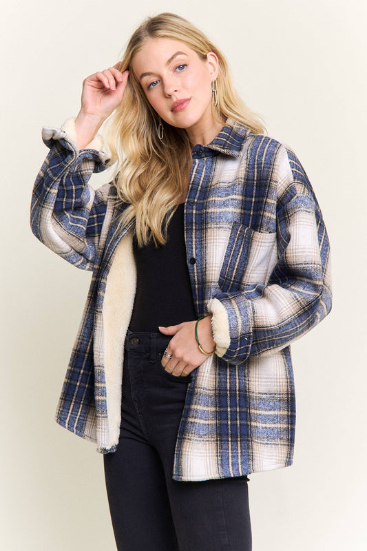 ADORA LA - CEJ4140-PLAID SHERPA-LINED BUTTON DOWN SHACKET: Navy / S-M-L(2-2-2)