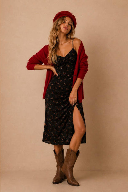 JADE BY JANE - FLORAL MIDI DRESS: RUST / M