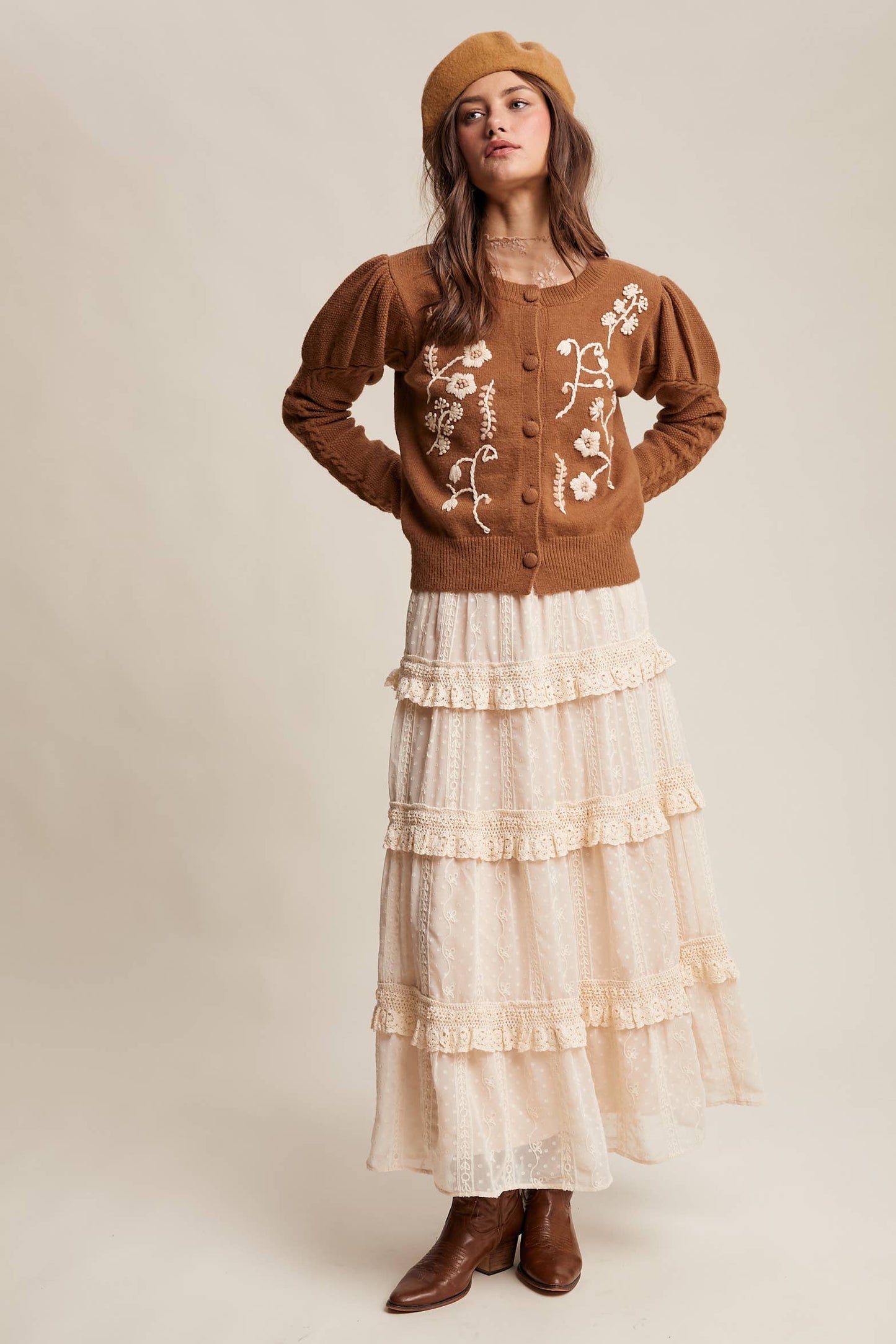 FLORAL EMBROIDERED PUFF SLEEVE CARDIGAN