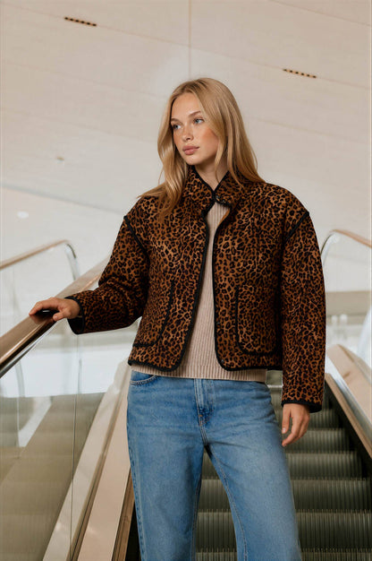 Blu Pepper - LEOPARD PRINT SNAP BUTTON JACKET: BROWN MULTI