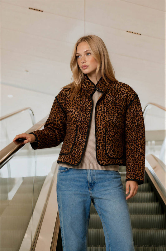 Blu Pepper - LEOPARD PRINT SNAP BUTTON JACKET: BROWN MULTI