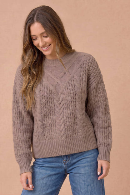 Haptics - Round Neck Long Sleeve Cable Detail Sweater: KHAKI / S