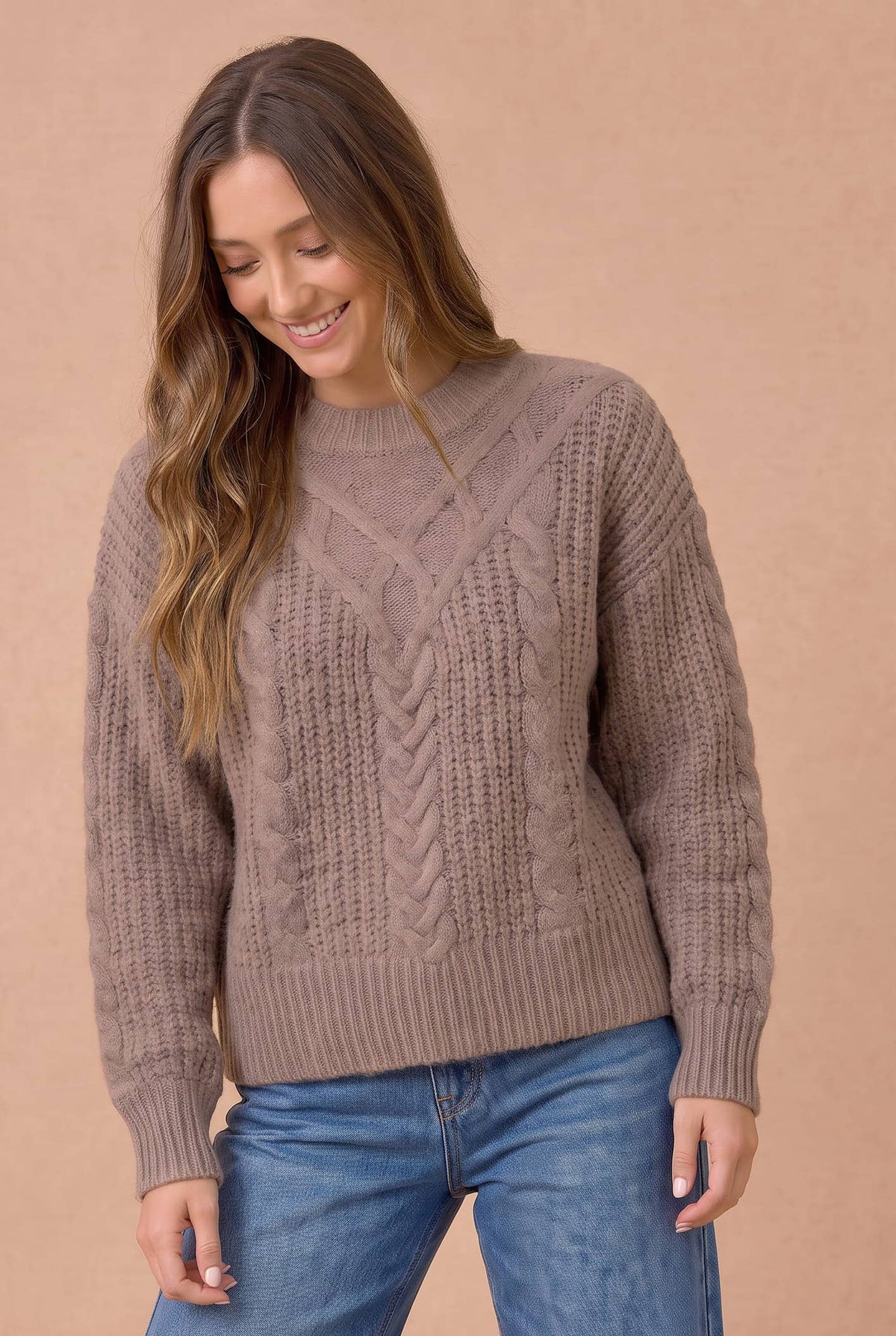 Haptics - Round Neck Long Sleeve Cable Detail Sweater: KHAKI / L