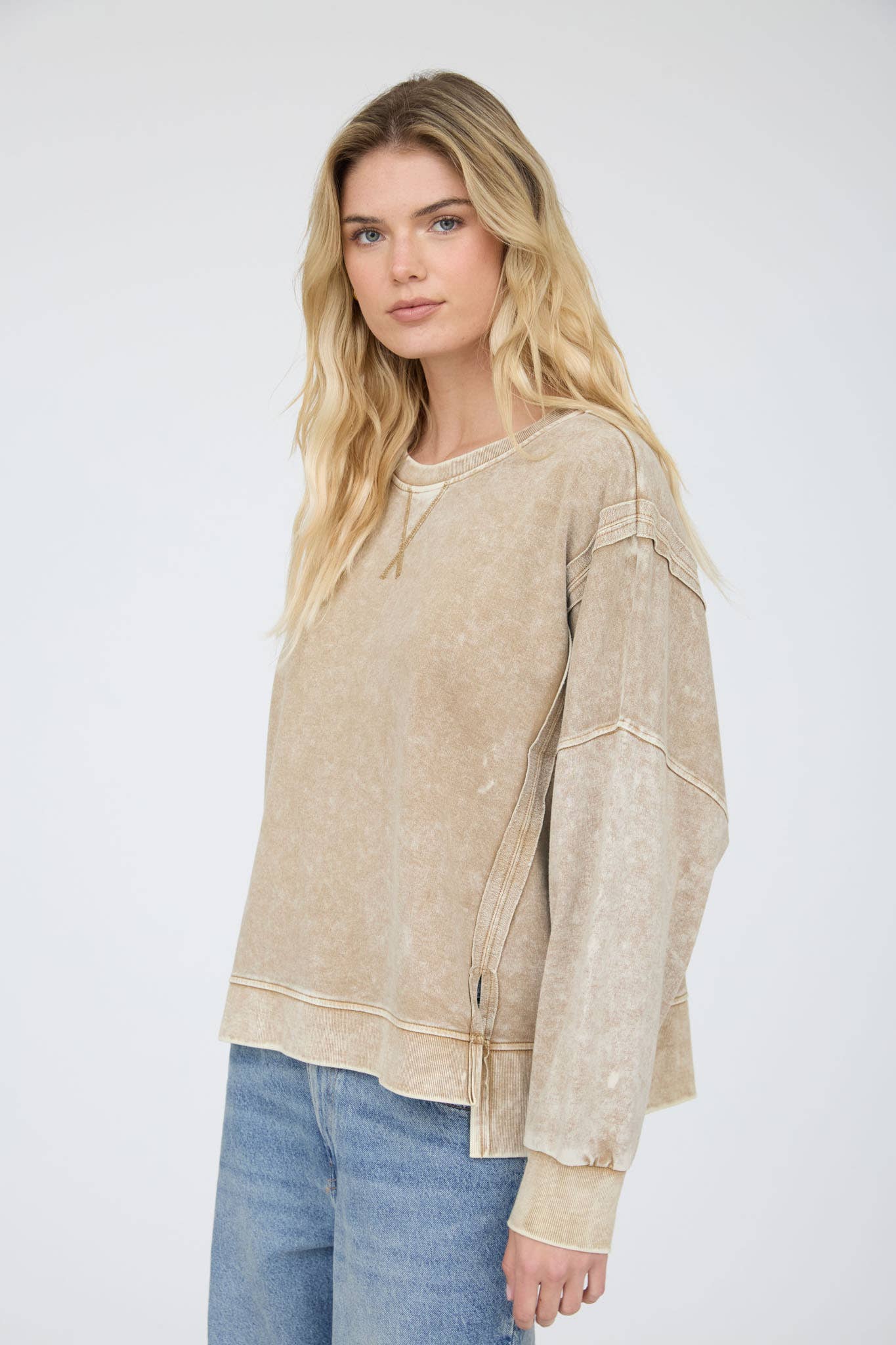 Blu Pepper - ACID WASH LONG SLEEVE SIDE SLIT KNIT TOP: INDIGO BLUE