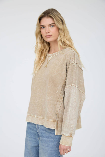 Blu Pepper - ACID WASH LONG SLEEVE SIDE SLIT KNIT TOP: INDIGO BLUE
