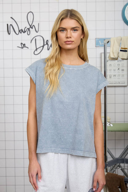 WASHED EXTENDED SHOULDER KNIT T-SHIRT: SLATE BLUE