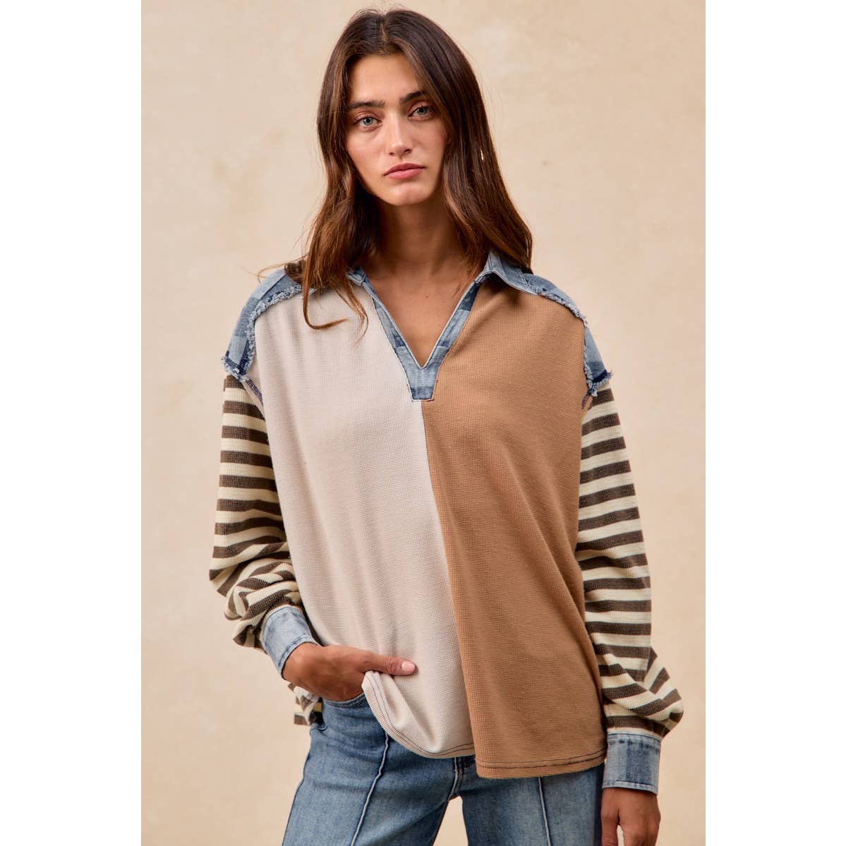 CUT EDGE CHECKER DENIM WAFFLE MIX AND MATCH TOP: OATMEAL/LATTE / L