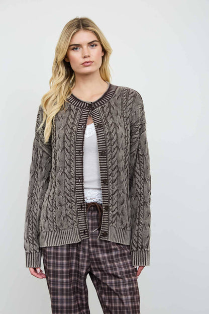 Blu Pepper - WASHED PATTERN CABLE KNIT BUTTON DOWN CARDIGAN: LIGHT KHAKI