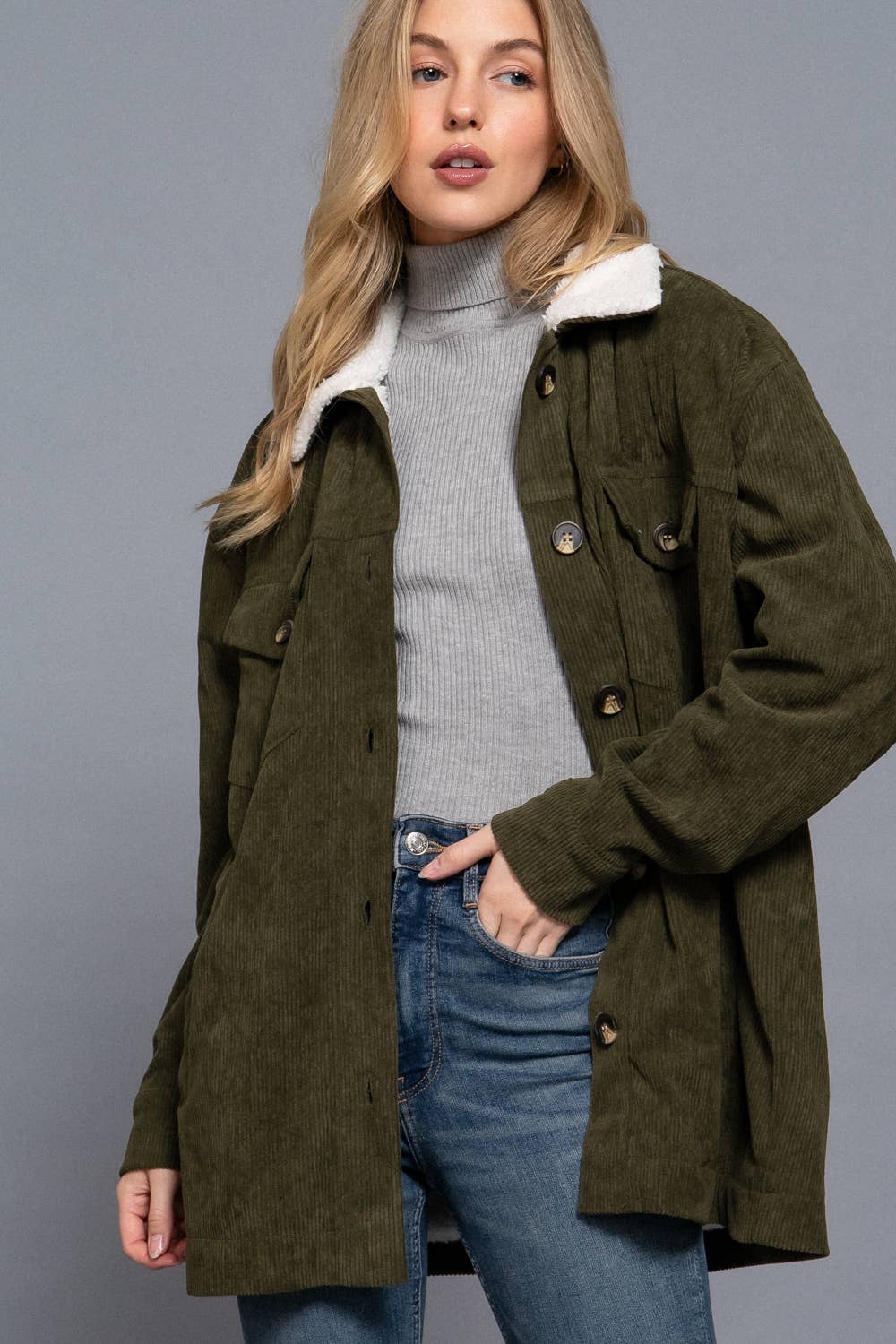 OLIVE FAUX FUR CORDUROY JACKET