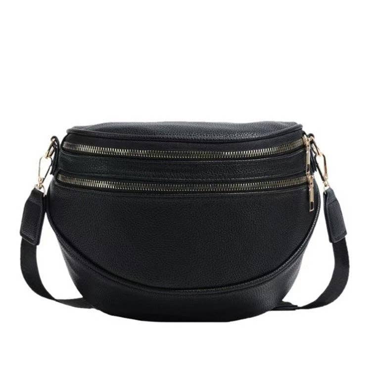 Aili's Corner - Sabrina Double Zip Leather Crescent Sling: Cognac