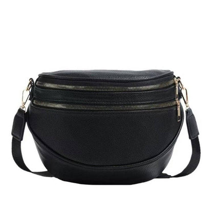 Aili's Corner - Sabrina Double Zip Leather Crescent Sling: Cognac