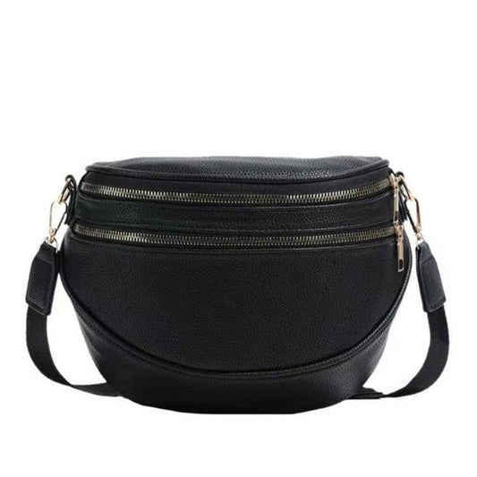Aili's Corner - Sabrina Double Zip Leather Crescent Sling: Black