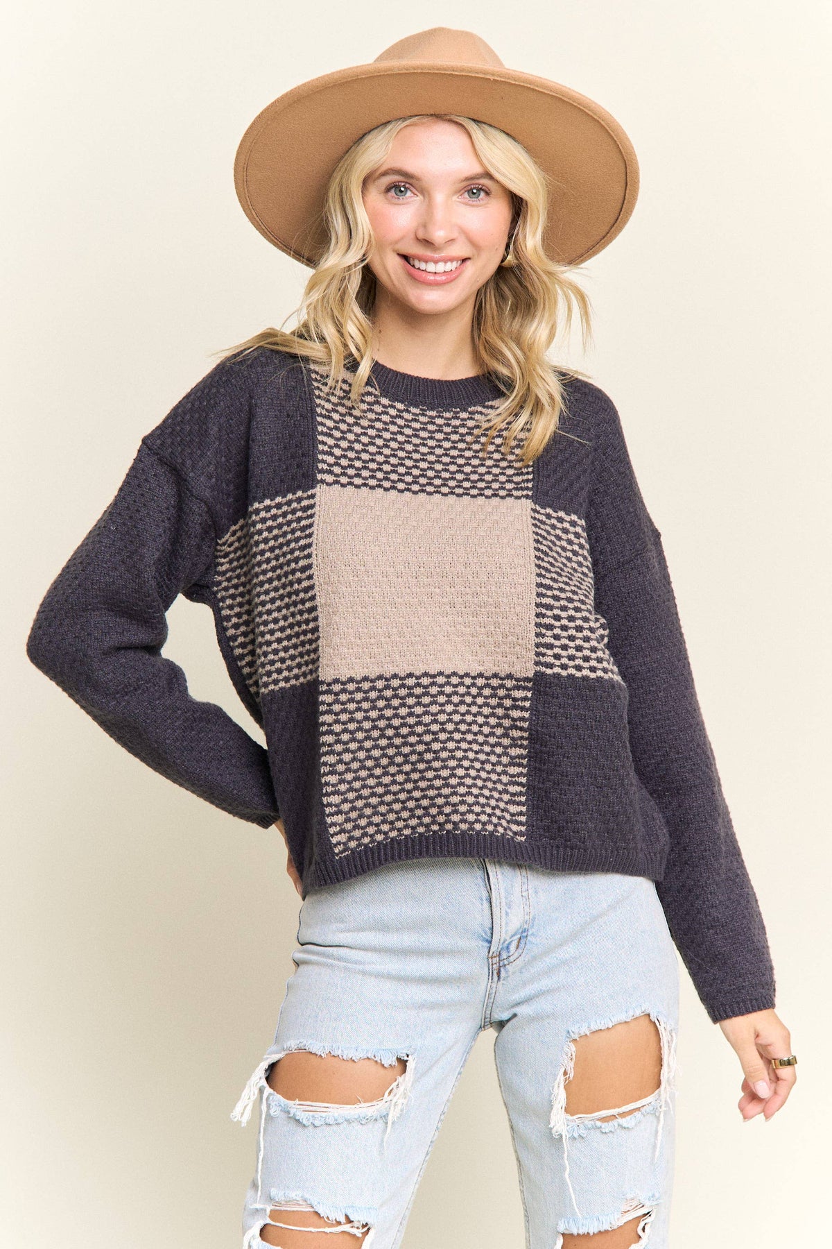 COLORBLOCK CREWNECK SWEATER: GREY/KHAKI