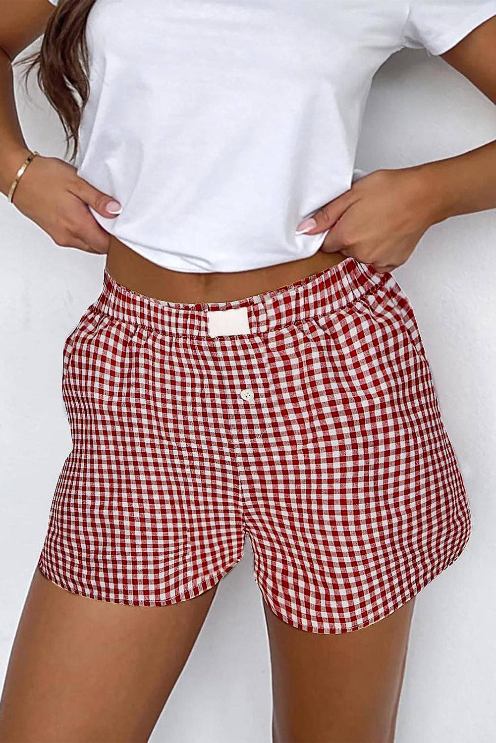 RED PLAID GINGHAM PRINTED HIGH WAIST SHORTS