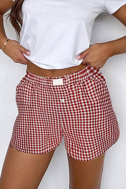 RED PLAID GINGHAM PRINTED HIGH WAIST SHORTS