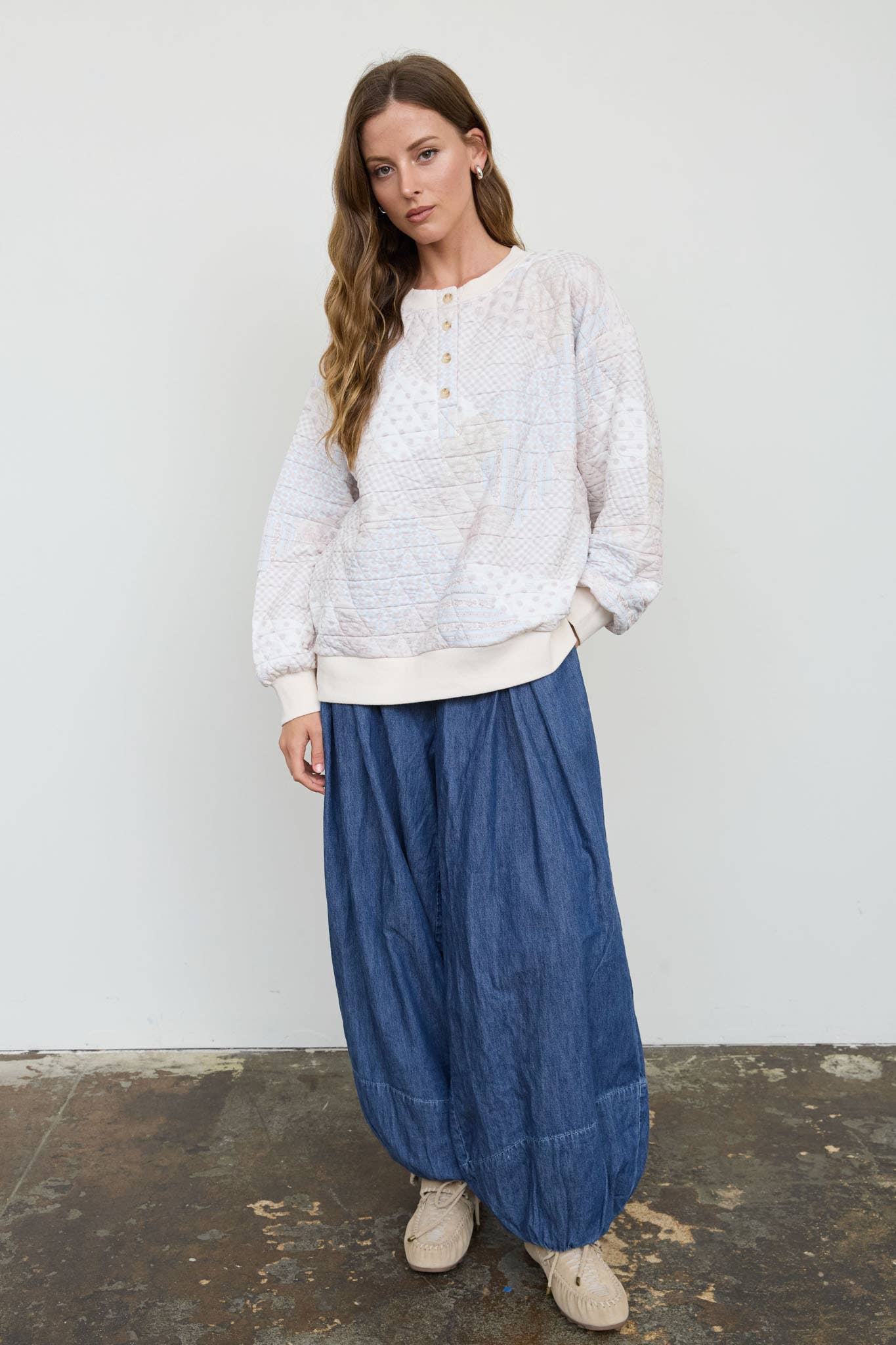 Blu Pepper - MULTI-PATTERN HENLEY QUILTED JACKET: IVORY MULTI