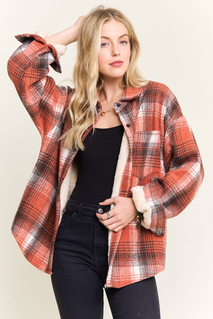 ADORA LA - CEJ4140-PLAID SHERPA-LINED BUTTON DOWN SHACKET: Navy / S-M-L(2-2-2)