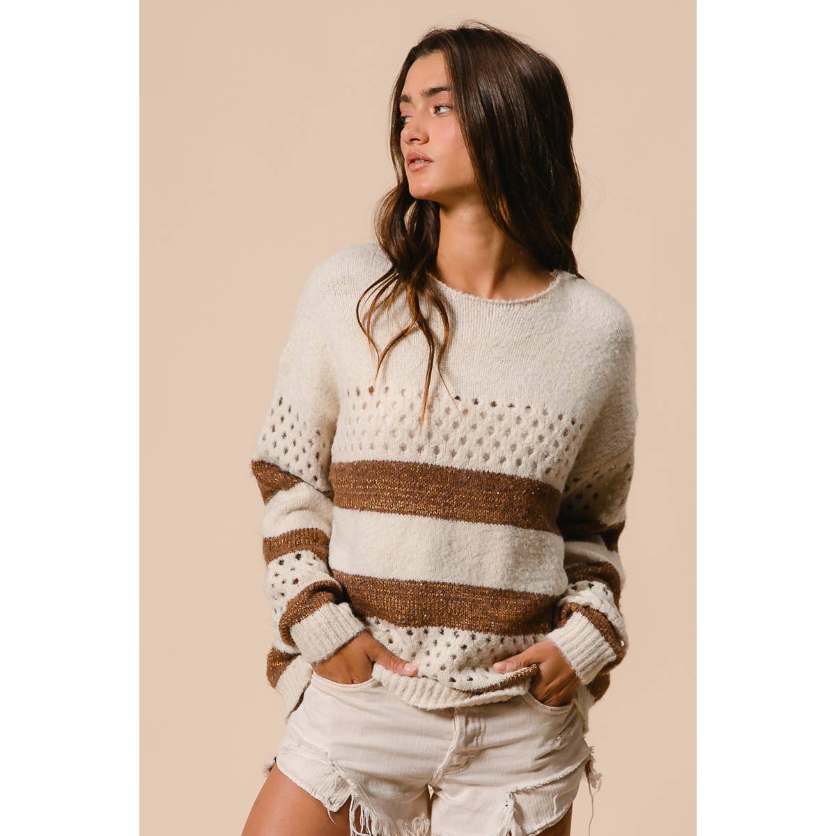 BiBi - STRIPE PATTERNED SWEATER TOP: IVORY/BROWN / M