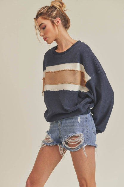AEMI + CO - 846AD Winnie Sweatshirt: Navy/Ivory/Tan / L / Top