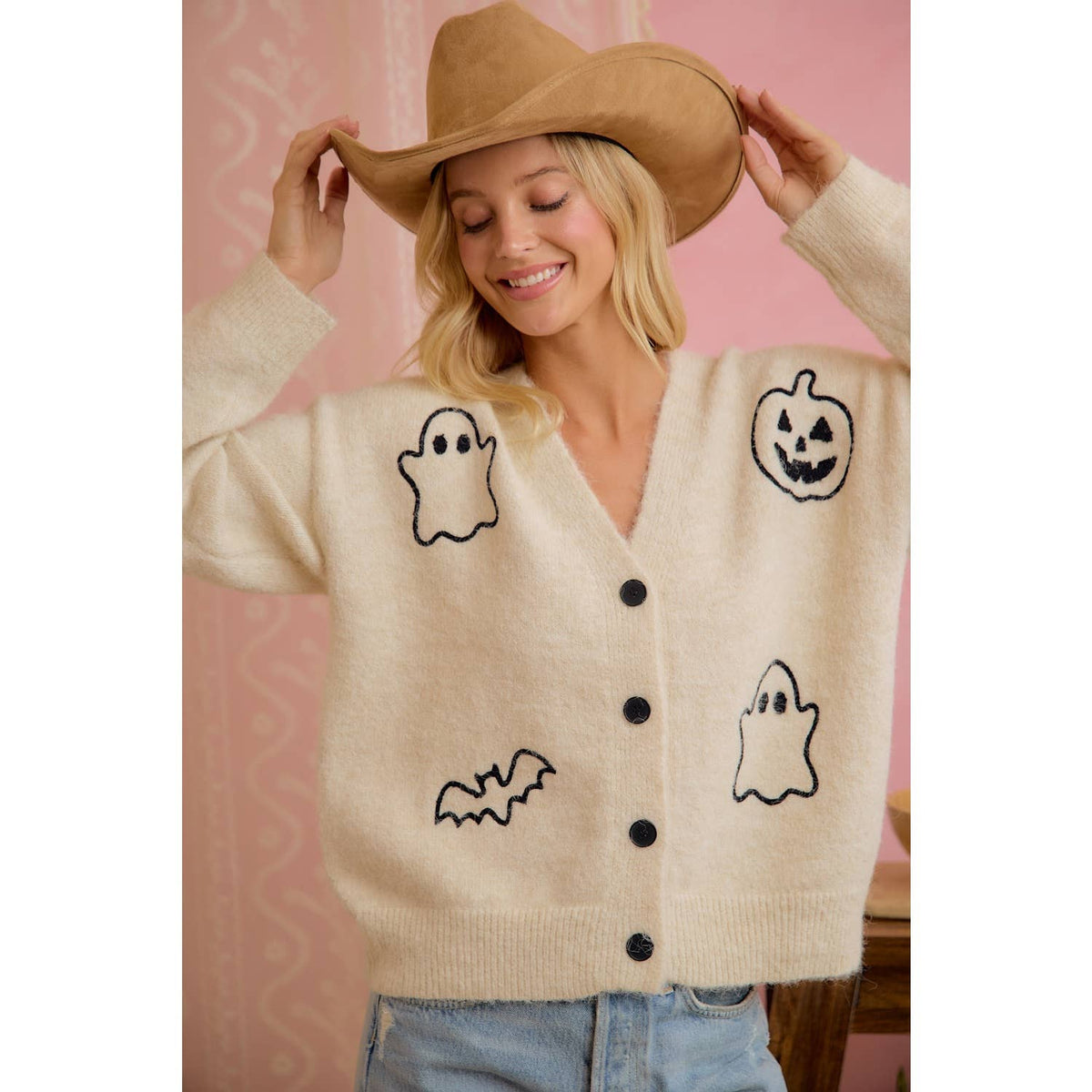 HALLOWEEN GHOST PUMPKIN BUTTON CARDIGAN