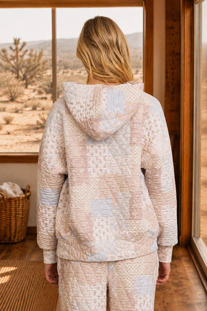 Blu Pepper - MULTI-PATTERN QUILTED PATCHWORK HOODIE PULLOVER: KHAKI MULTI