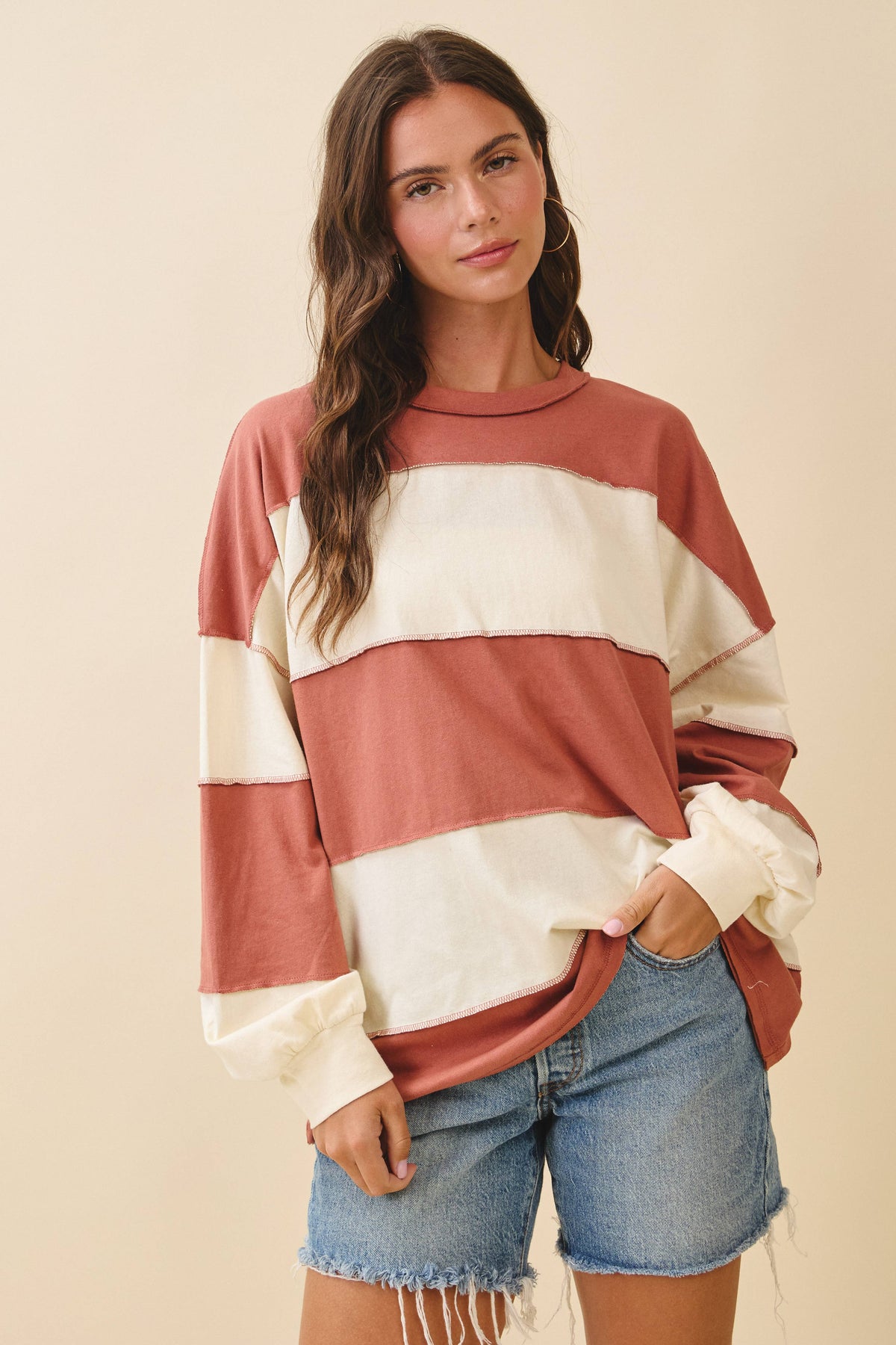 AEMI + CO - 8551GN Oversized Color Block Long Sleeve Pullover: Terracotta Butter / Contemporary / S