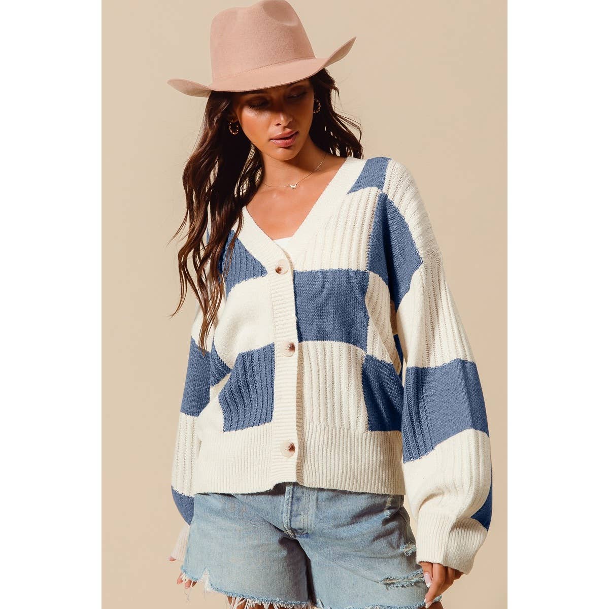 CHECKERED BUTTON FRONT TEXTURED SWEATER CARDIGAN IVORY + DENIM