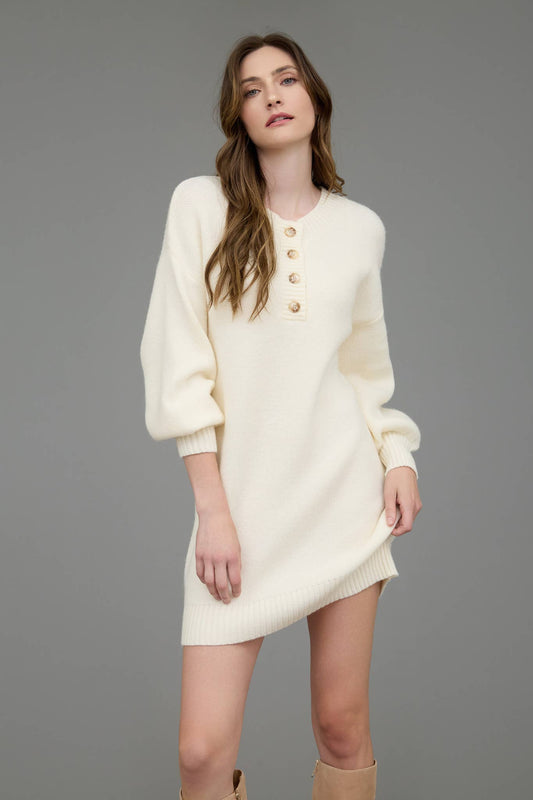 HALF BUTTON LONG SLEEVE MINI SWEATER DRESS