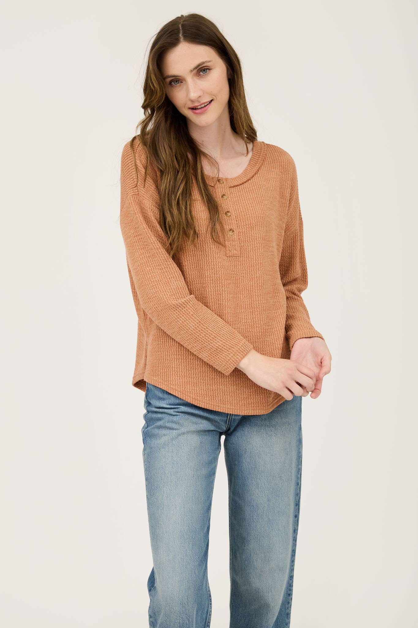 WAFFLE KNIT HENLEY LONG SLEEVE KNIT TOP