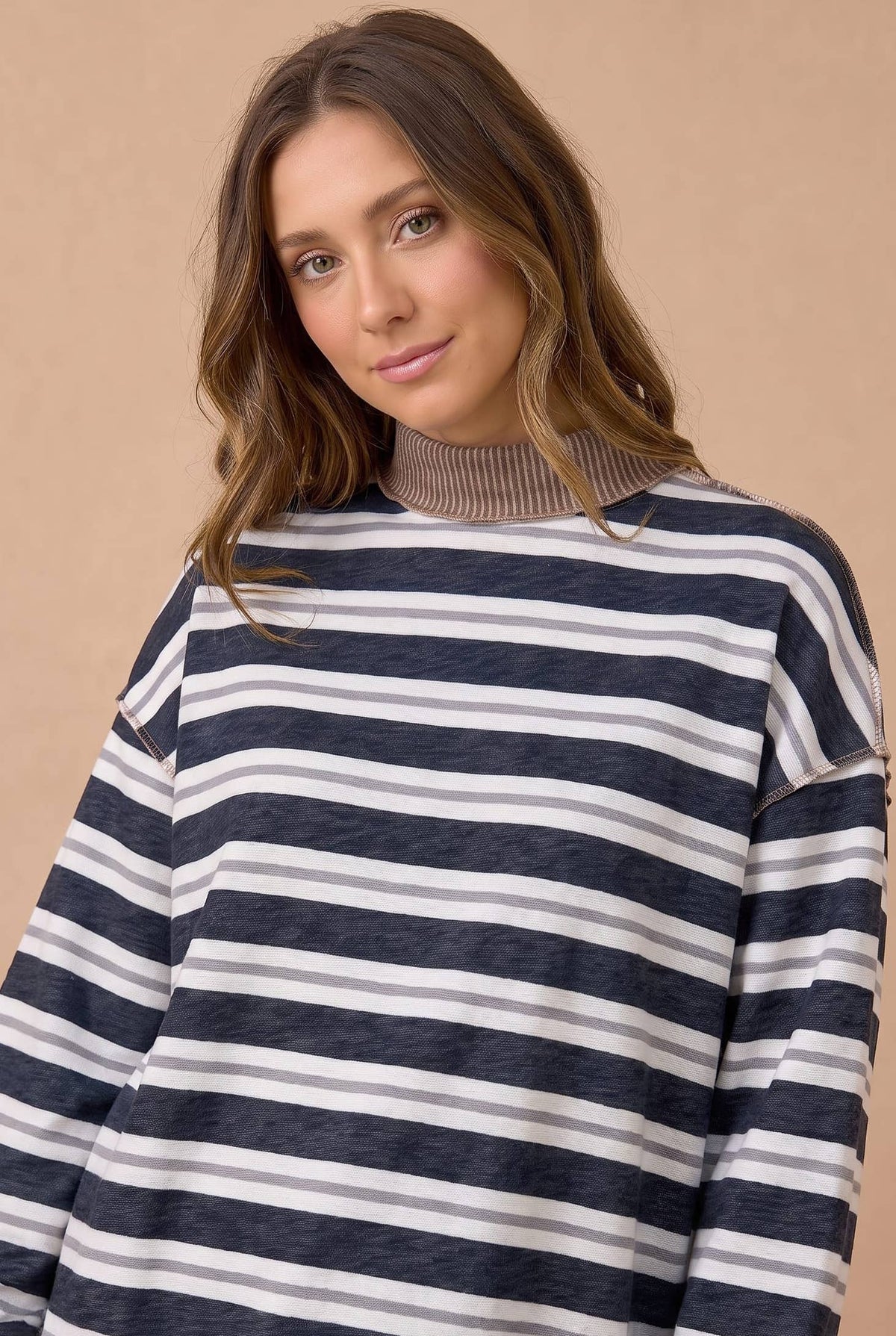 Haptics - Striped Mock Neck Balloon Sleeve Knit Top: MOCHA / L