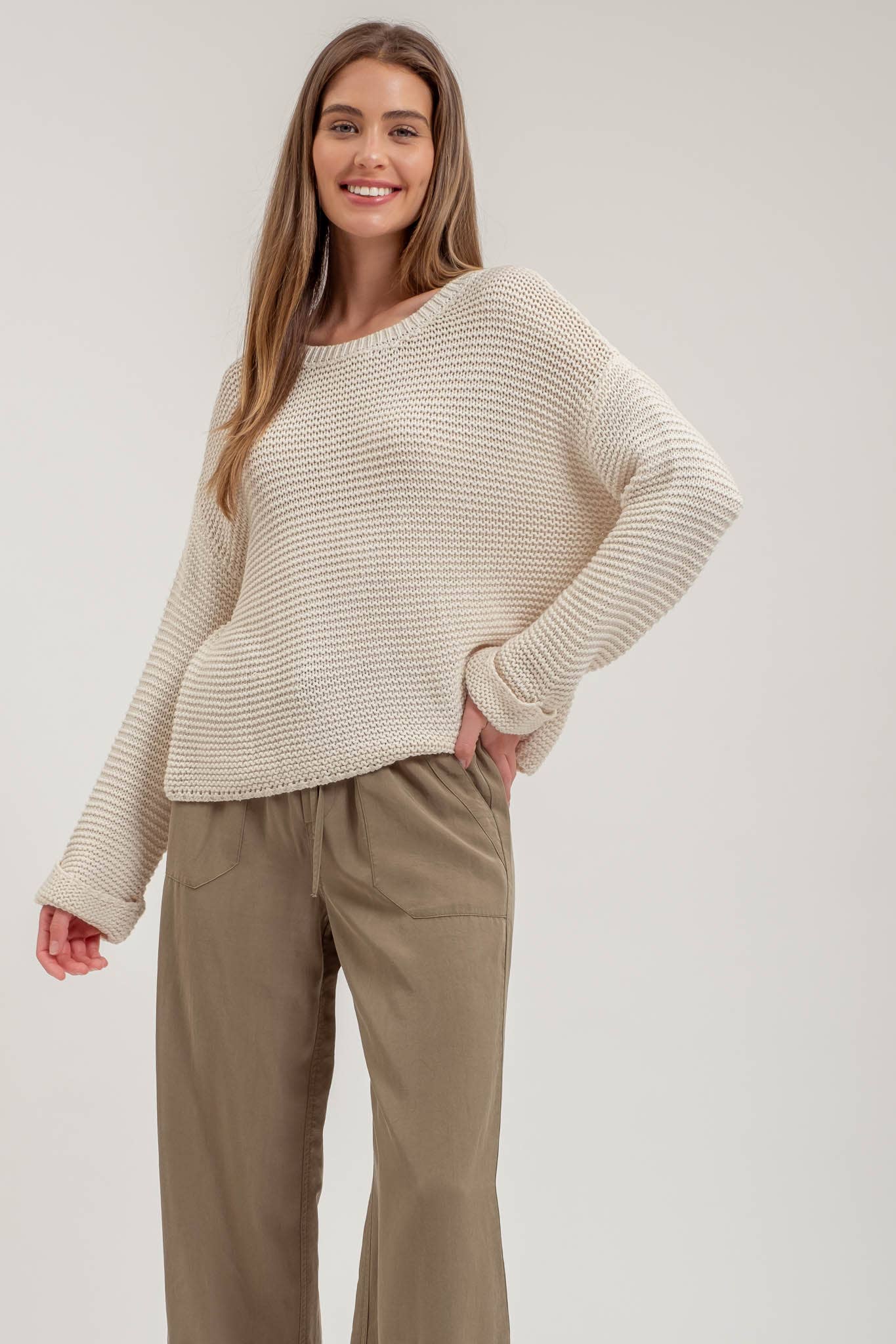 CHUNKY KNIT LONG CUFF SLEEVE PULLOVER SWEATER CREAM