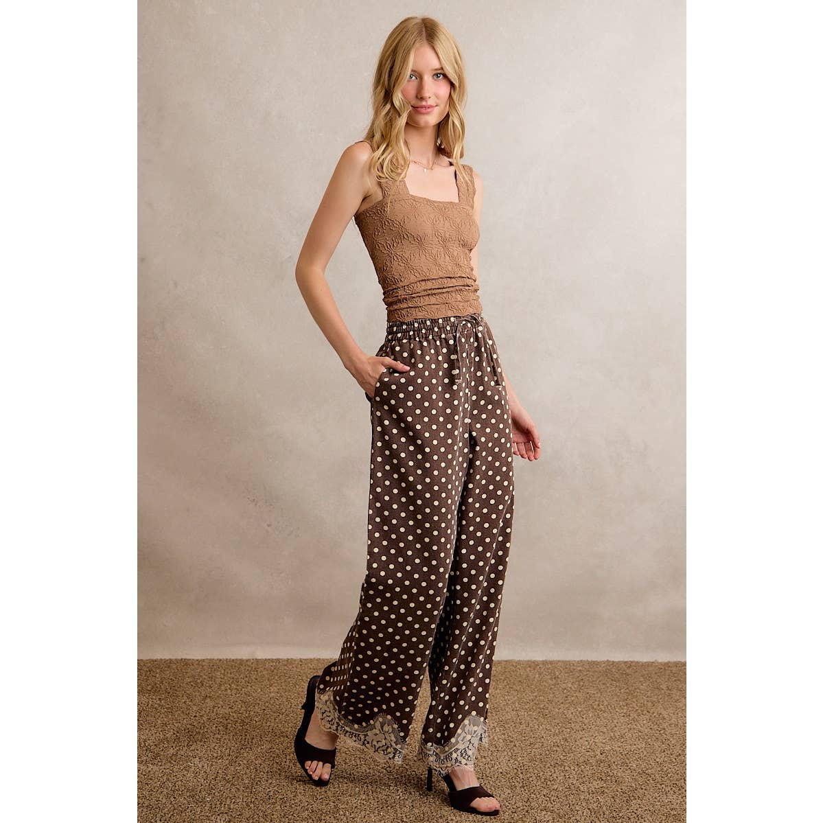 LACE TRIM WIDE LEG ELASTIC MID RISE POLKA DOT PANTS: