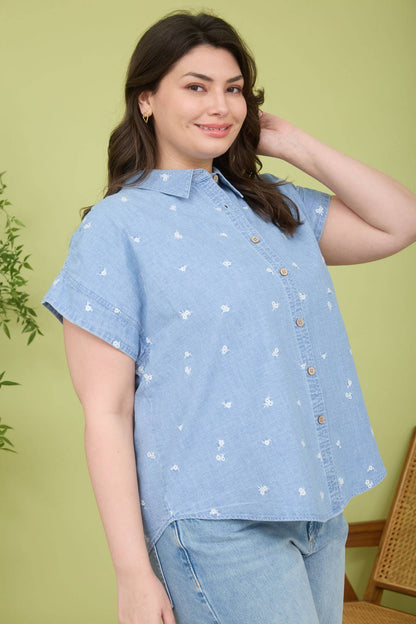 PLUS EMBROIDERED FLORAL BUTTON DOWN DENIM  SHIRT