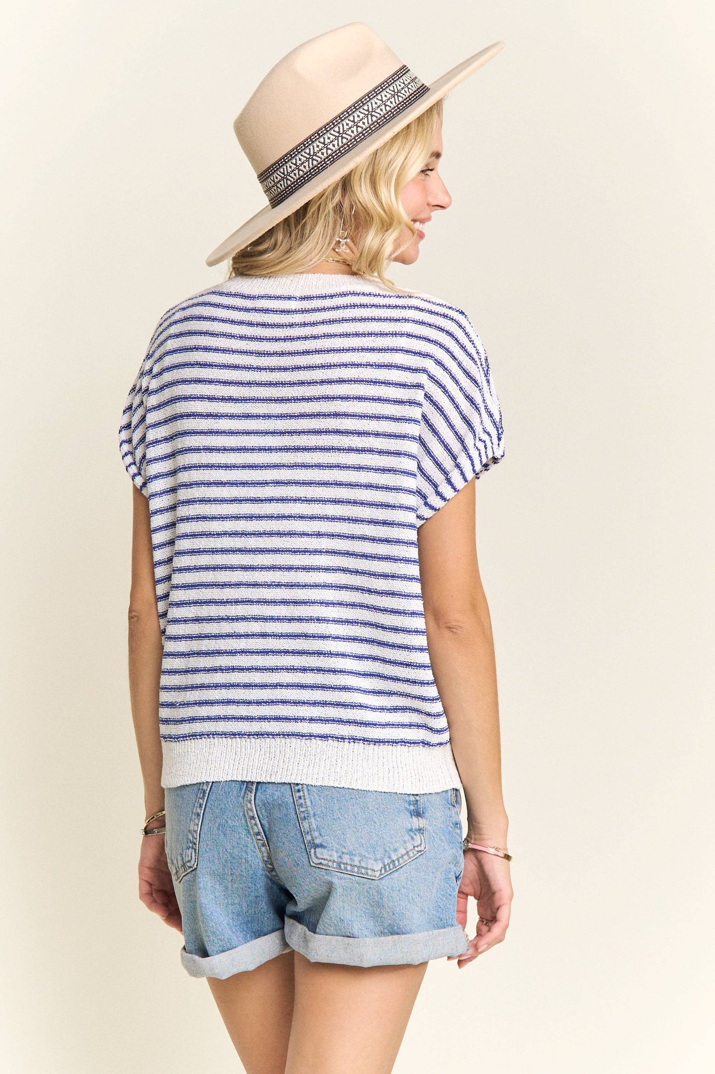 TORI STRIPED CASUAL SHORT SLEEVE KNIT TOP