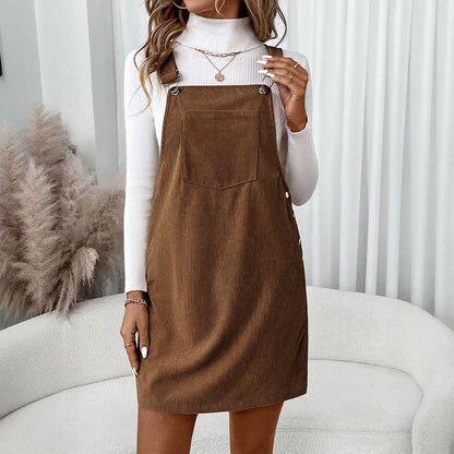 Lovesoft - Corduroy Overall Dress with Pocket: Coffee / 100%Polyester / L