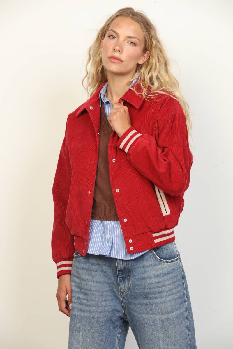 26 International - Corduroy Snap Front Oversized Varsity Jacket: Red Combo / L