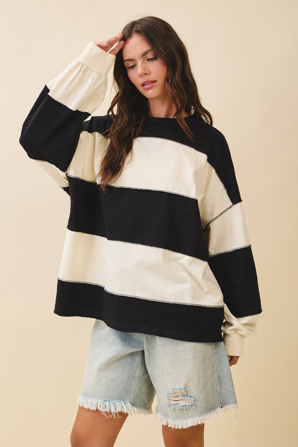 AEMI + CO - 8551GN Oversized Color Block Long Sleeve Pullover: Terracotta Butter / Contemporary / S