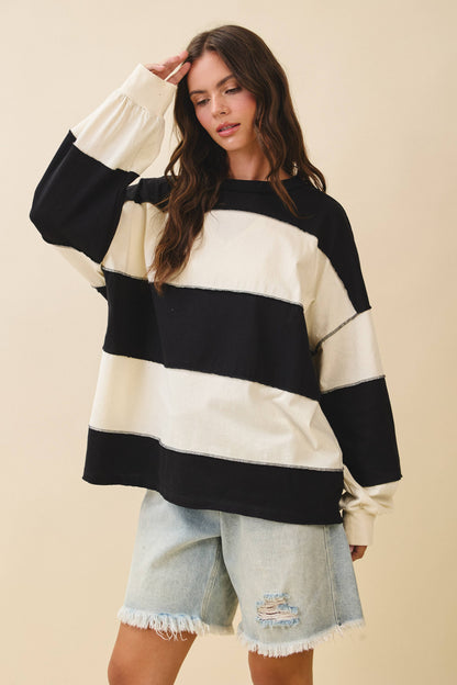 AEMI + CO - 8551GN Oversized Color Block Long Sleeve Pullover: Terracotta Butter / Contemporary / S