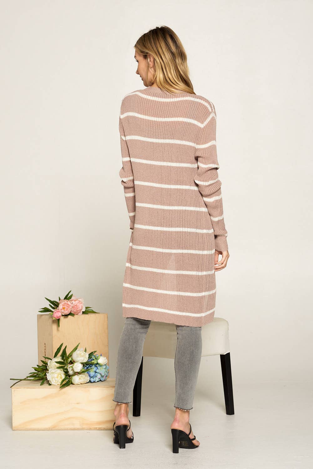 Doe and Rae - L/S Ribbed Xlong Open Cardigan - 1070C: Taupe/White / M