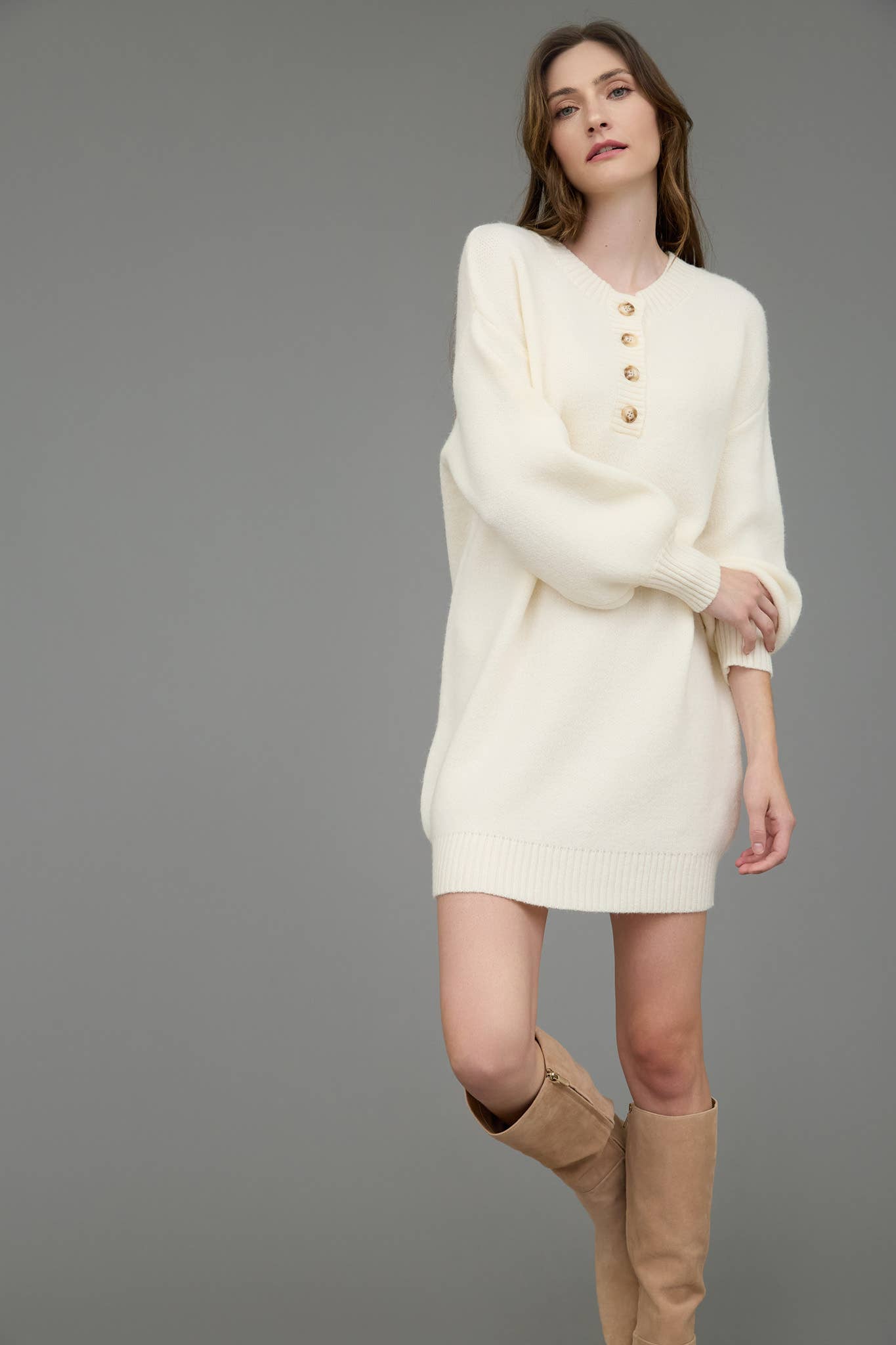 HALF BUTTON LONG SLEEVE MINI SWEATER DRESS