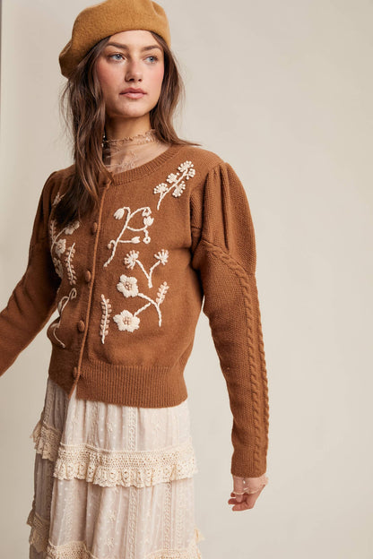 FLORAL EMBROIDERED PUFF SLEEVE CARDIGAN