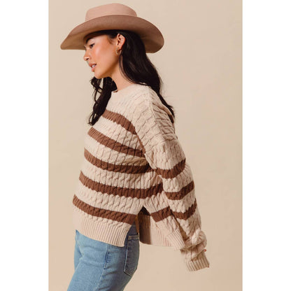 STRIPE CABLE KNIT SWEATER TOP WITH SIDE SLITS