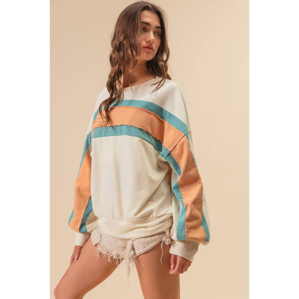BiBi - FRENCH TERRY COLOR BLOCK SWEATSHIRT: INDIGO/MUSTARD/IVORY / XL
