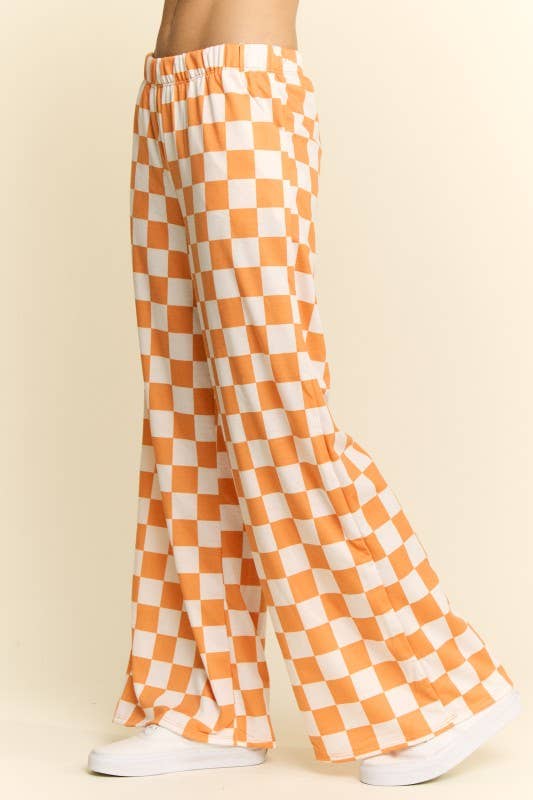 JADE BY JANE - HIGH WAIST CHECKERED STRAIGHT LEG KNIT PANTS: ORANGE/WHITE / L