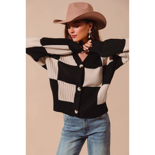 CHECKERED BUTTON FRONT TEXTURED SWEATER CARDIGAN OATMEAL +BLACK